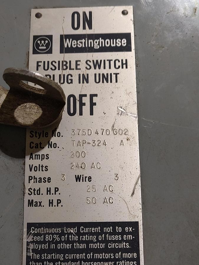 Used WESTINGHOUSE TAP-324 200A 240VAC 3PH FUSIBLE BUS PLUG DUCT SWITCH