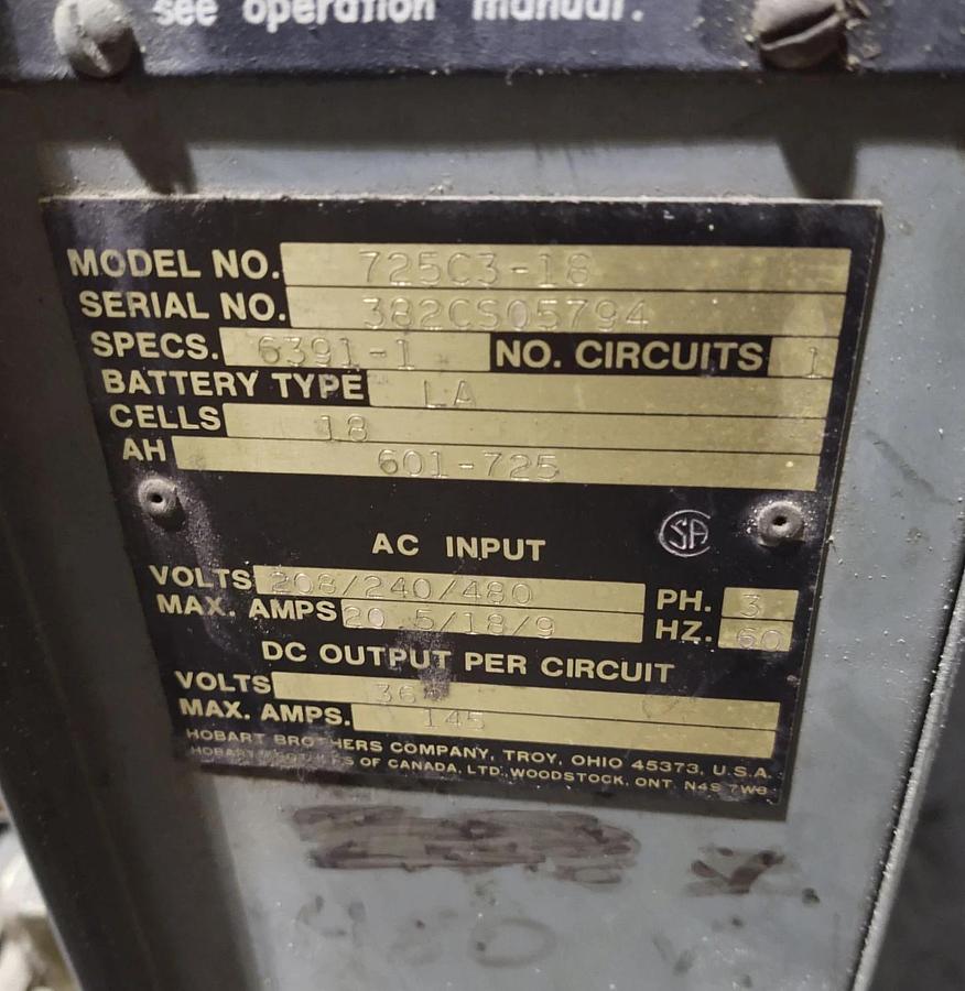 Used 🔥Hobart Forklift Battery Charger 725C3-18, 36V 18 Cells 145A,  3ph 208/240/480