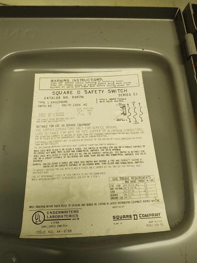 Used Square D D322N, Series E1, 60 Amp, 240 Volt, 3P4W, Fusible Disconnect Switch