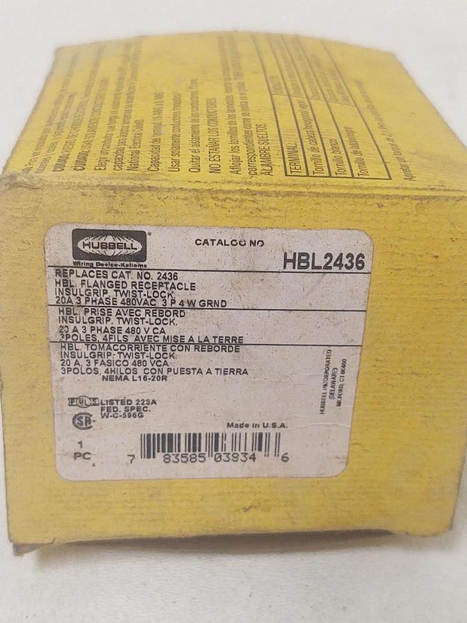 🔥 NEW Hubbell HBL2436 20A Flanged Twist-Lock Receptacle 3P 4W 480VAC