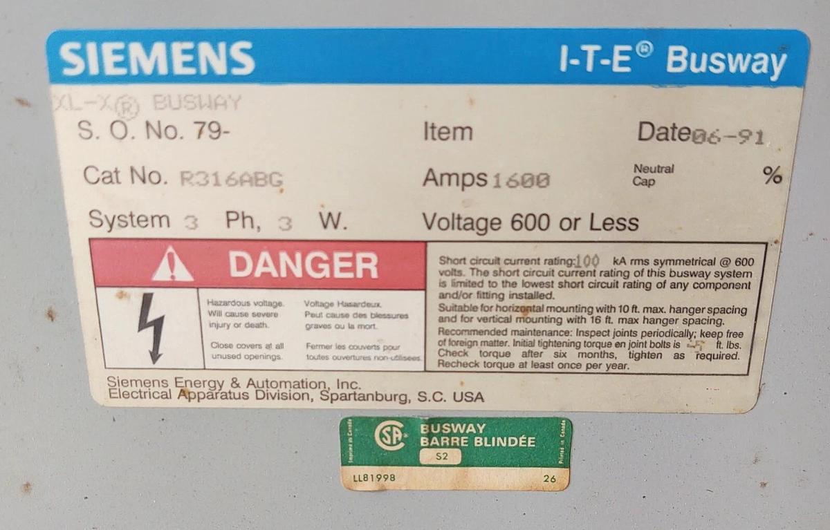 Used 🔥 Siemens ITE 1600 Amp 600V R316ABG Busway End Tap Box 3P 3W Busway