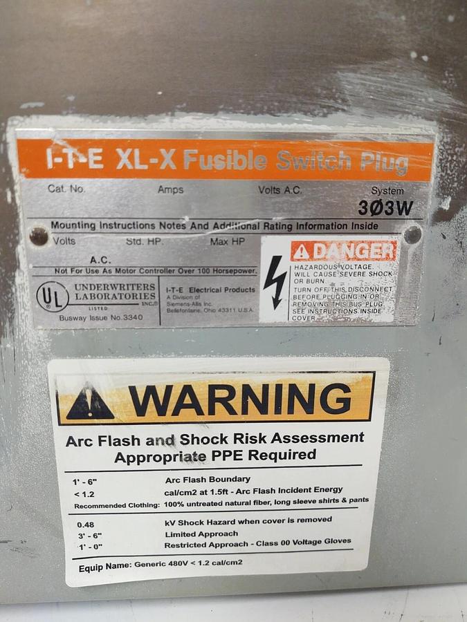 Used 🔥 ITE SIEMENS RV362 60 AMP 600V 3P3W FUSIBLE BUSWAY SWITCH BUS PLUG