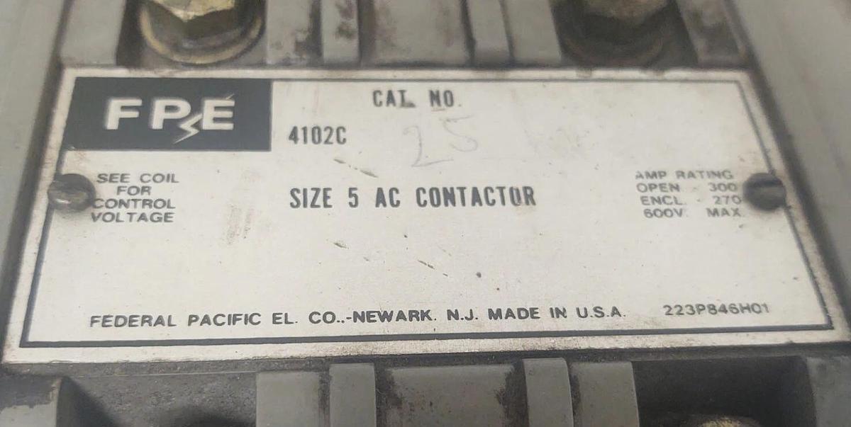 Used 🔥TESTED FPE 4102C SIZE 5 MOTOR STARTER CONTACTOR 600 VAC 200 HP 120V COIL