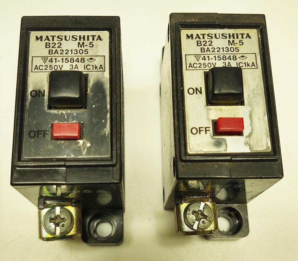 Used (LOT 2) MATSUSHITA CIRCUIT BREAKER B22 M-5, 3 Amp BA221305 IN LINE PROTECTION