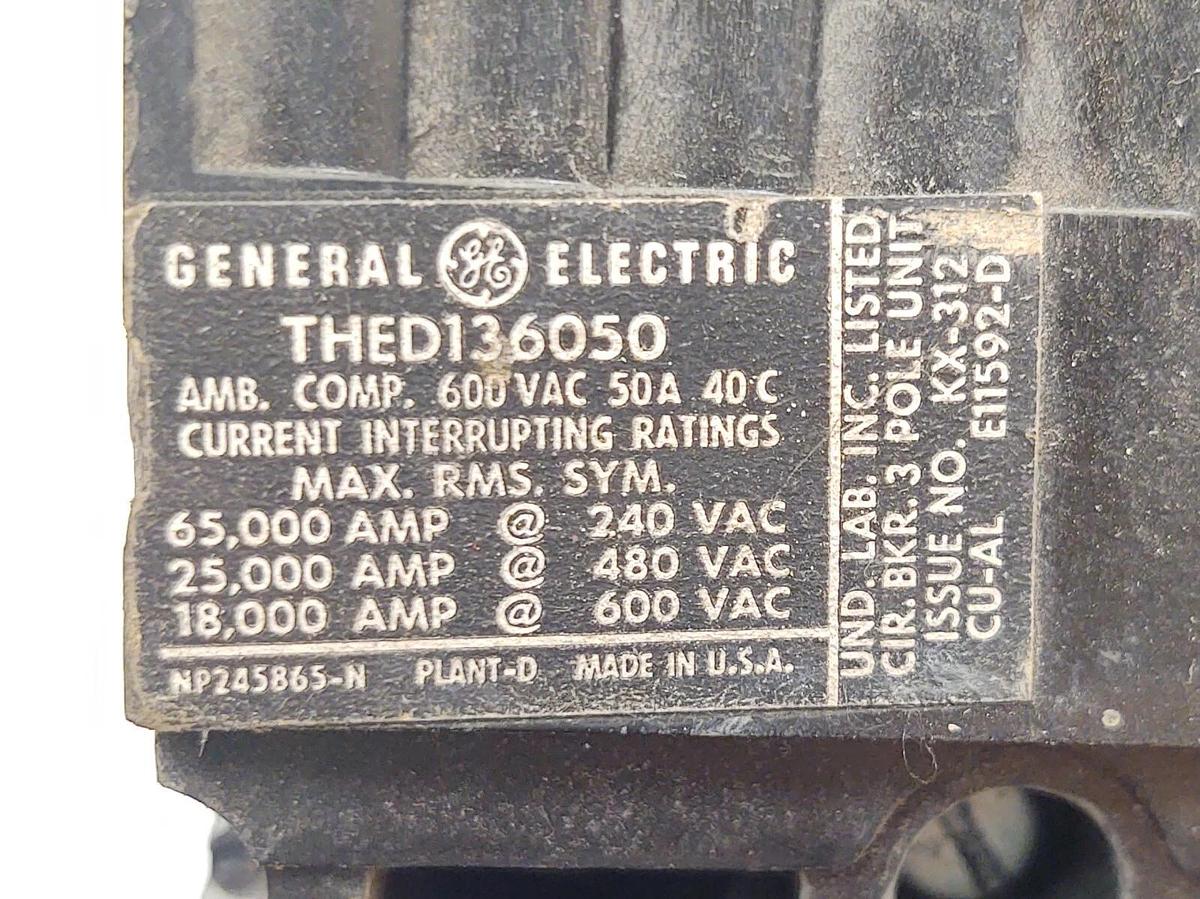 Used 🔥 THED136050 General Electric 50 Amp 3 Pole 600V Circuit Breaker