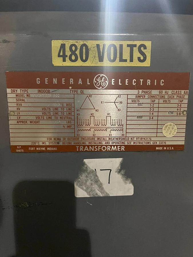 Used GE TRANSFORMER 9T23B4008G22 93 KVA 3-PHASE PRI: 460 VOLT SEC: 460/265 VOLT