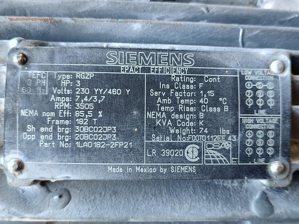 Used SIEMENS RGZP 3 PHASE MOTOR 1LAO182-4FP21 3 HP 182 T FRAME 3505 RPM