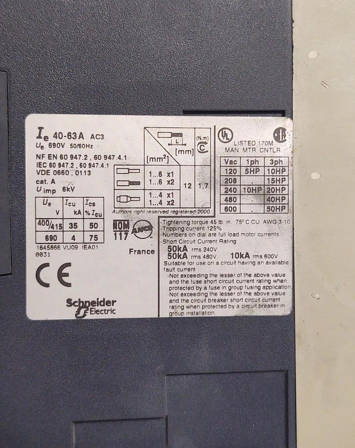 Used Schneider GV3-ME63 Telemecanique Motor Circuit Breaker 40~63A GV3ME63 1PC