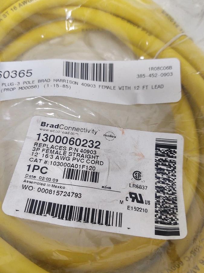 🔥Woodhead 103000A01F120 Cordset Cable 12ft 16/3 40903