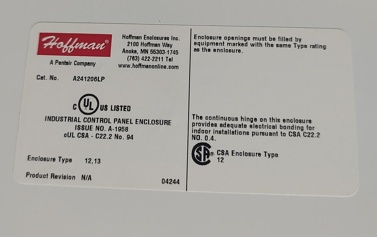 Used Hoffman Electrical Enclosure A241206LP 