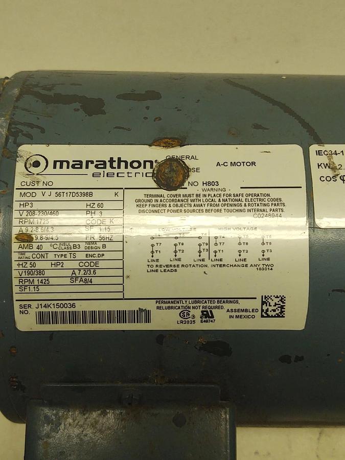 Used 3Hp 3PH Marathon Electric Model VJ56T17D5398BK 208-230/460