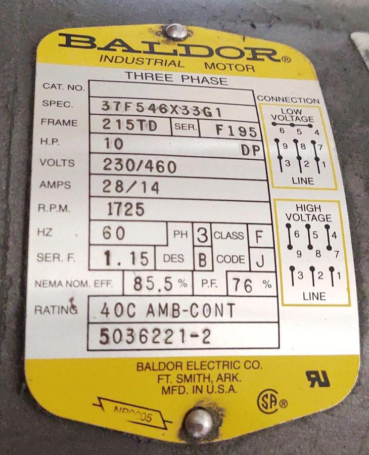Used 🔥 BALDOR Motor 37F546X33G1 10 HP 230/460 3 Phase 1725 RPM 215TD Frame