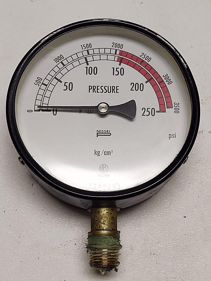 Used Hydraulic Fluid Pressure Gauge 0-3500 PSI Red Large Face 4" NKS Kgf/cm 250