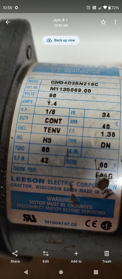 Used LEESON DC Gear Motor 42rpm, 1/8hp, 60:1 CM34D25NZ18C TESTED