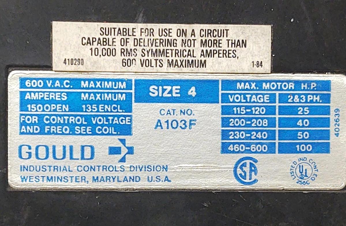 Used 🔥(TESTED) ITE Gould A103F, Size 4 Motor Contactor 480V Coil