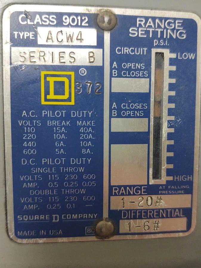 Used 🔥Square D 9012ACW4 9012 ACW-4 Pressure Switch,  1–20 PSI