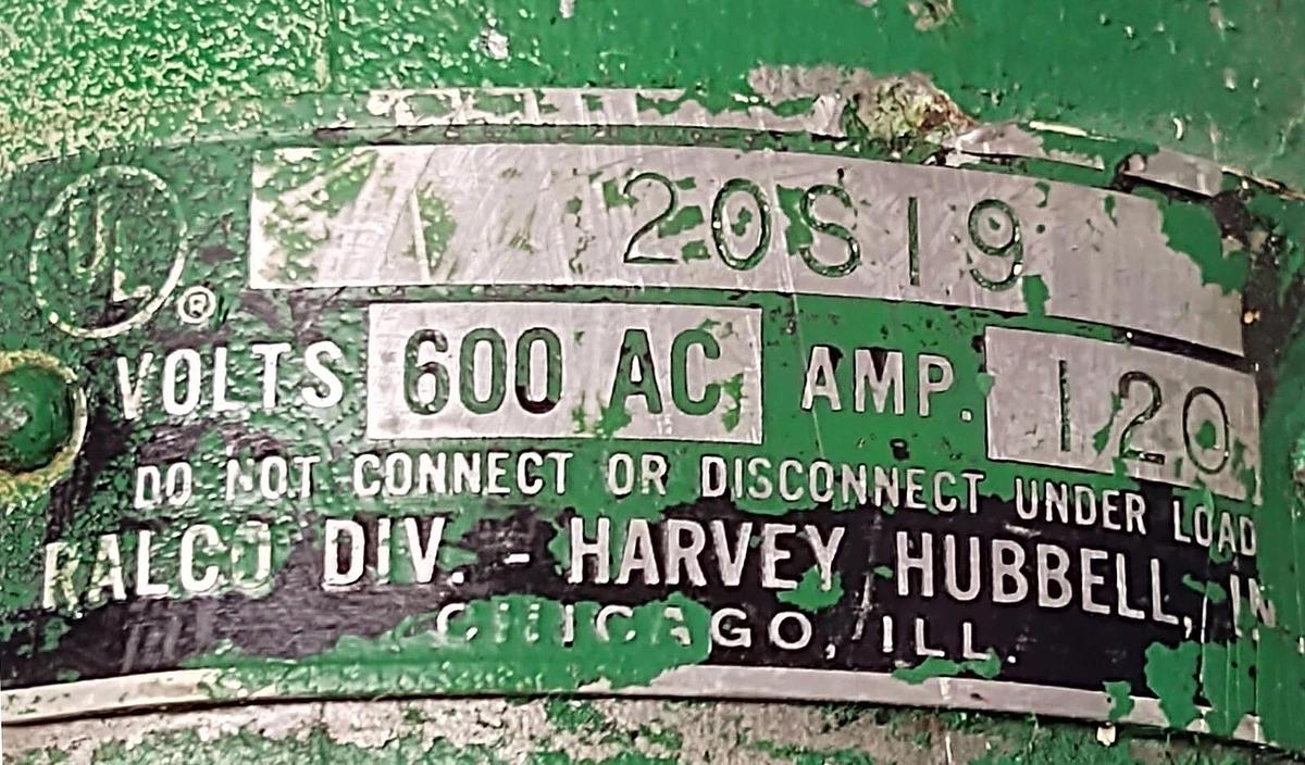 Used LARGE HUBBLE RALCO 3 POLE 3 WIRE 120 AMP 600 VAC THREADED PLUG 20S19 20-S-19