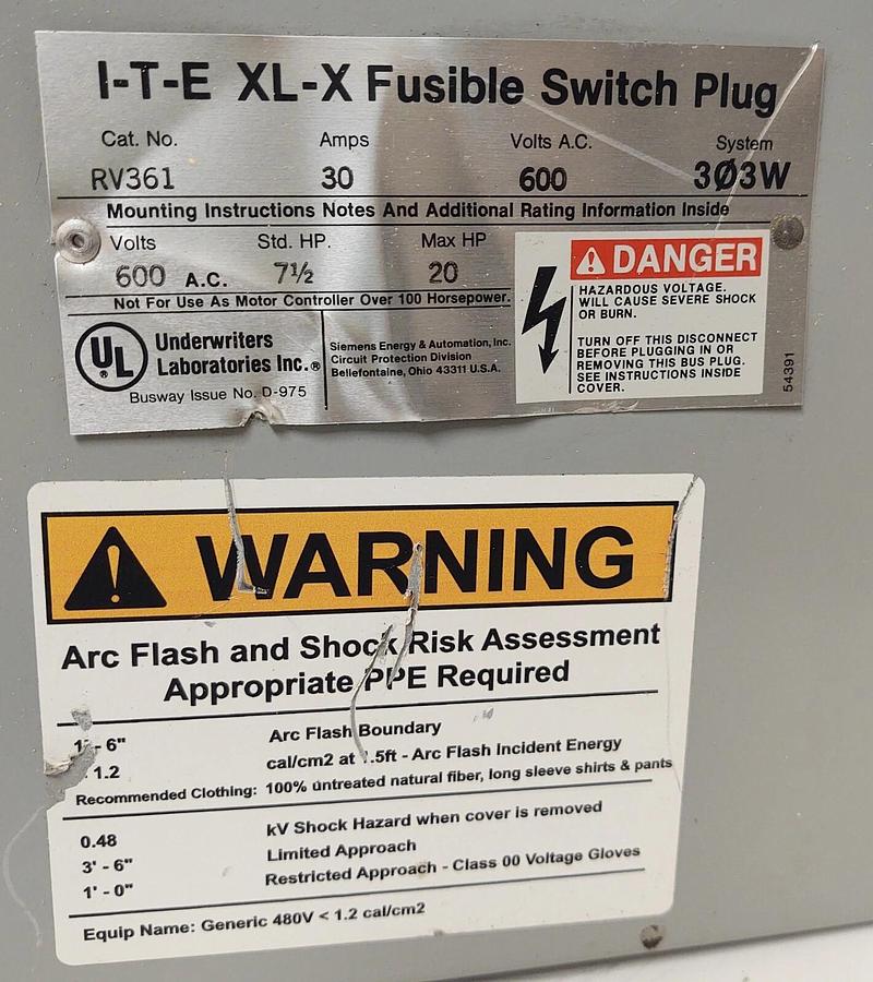 Used 🔥 ITE SIEMENS RV361 30 AMP 600V 3W FUSIBLE BUSWAY SWITCH BUS PLUG W/FUSES