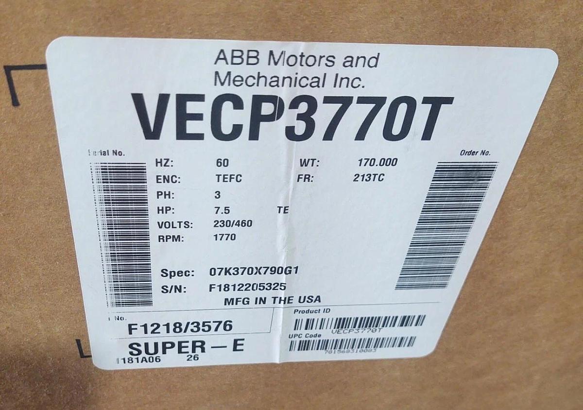 🔥 NEW BALDOR VECP3770T 230/460V, 213TC Frame, 7.5HP, 1770 RPM, 07K370X790