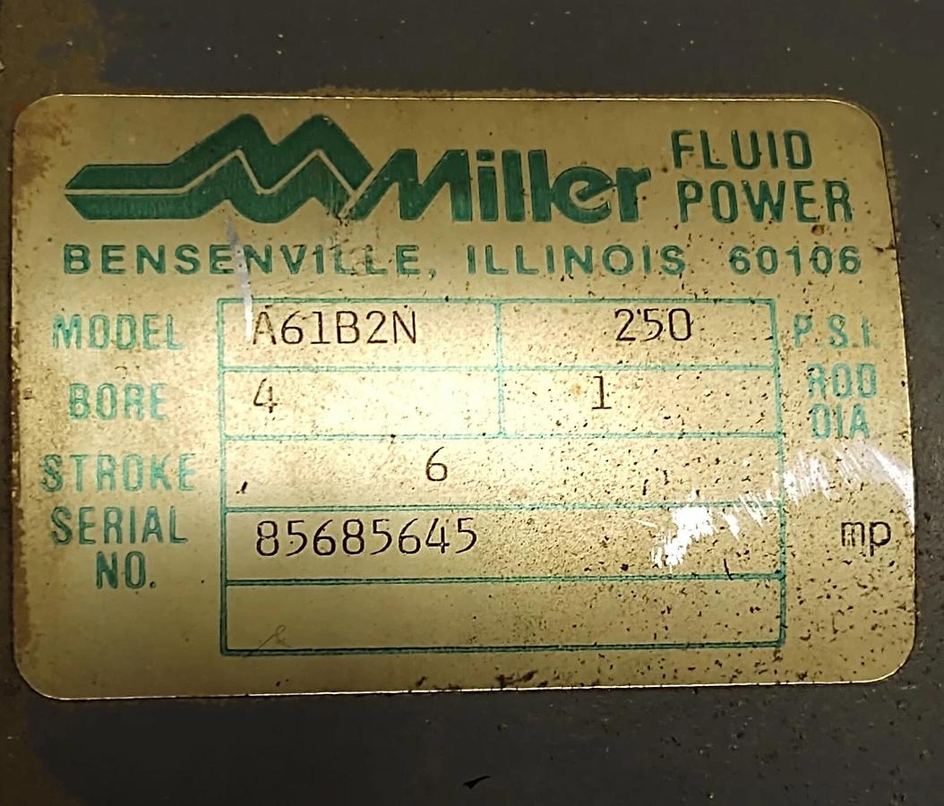 Used MILLER, 4x6 A61B2N, 250PSI, BORE 4", ROD DIA 1", STROKE 6", AIR CYLINDER