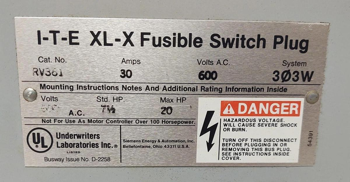 Used 🔥 ITE SIEMENS RV361 30 AMP 600V 3W FUSIBLE BUSWAY SWITCH BUS PLUG CLEAN