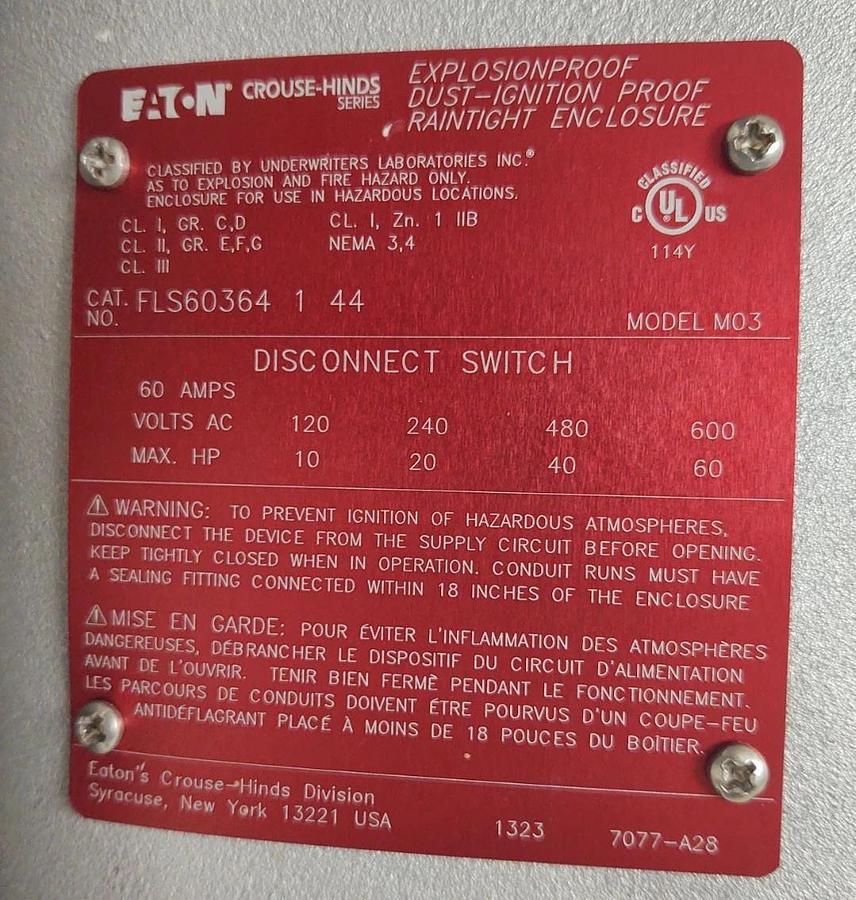 🔥NIB EATON CROUSE-HINDS FLS60364 1 44 EXPLOSION PROOF DISCONNECT SWITCH 60A
