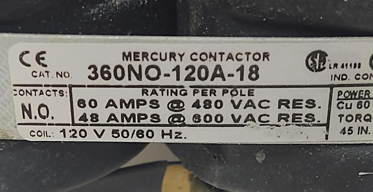 Used 🔥 MDI 360NO-120A-18 Mercury Contactor Displacement Relay 120VAC Coil 3 Pole 60A