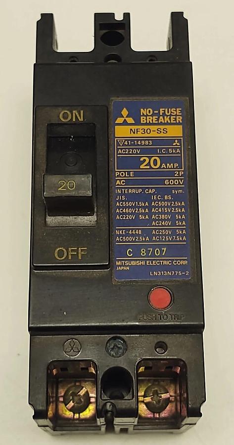 Used Mitsubishi 41-14983 Electric NF-30SS No-Fuse Breaker, 20A, 600V, 2 Pole C8707