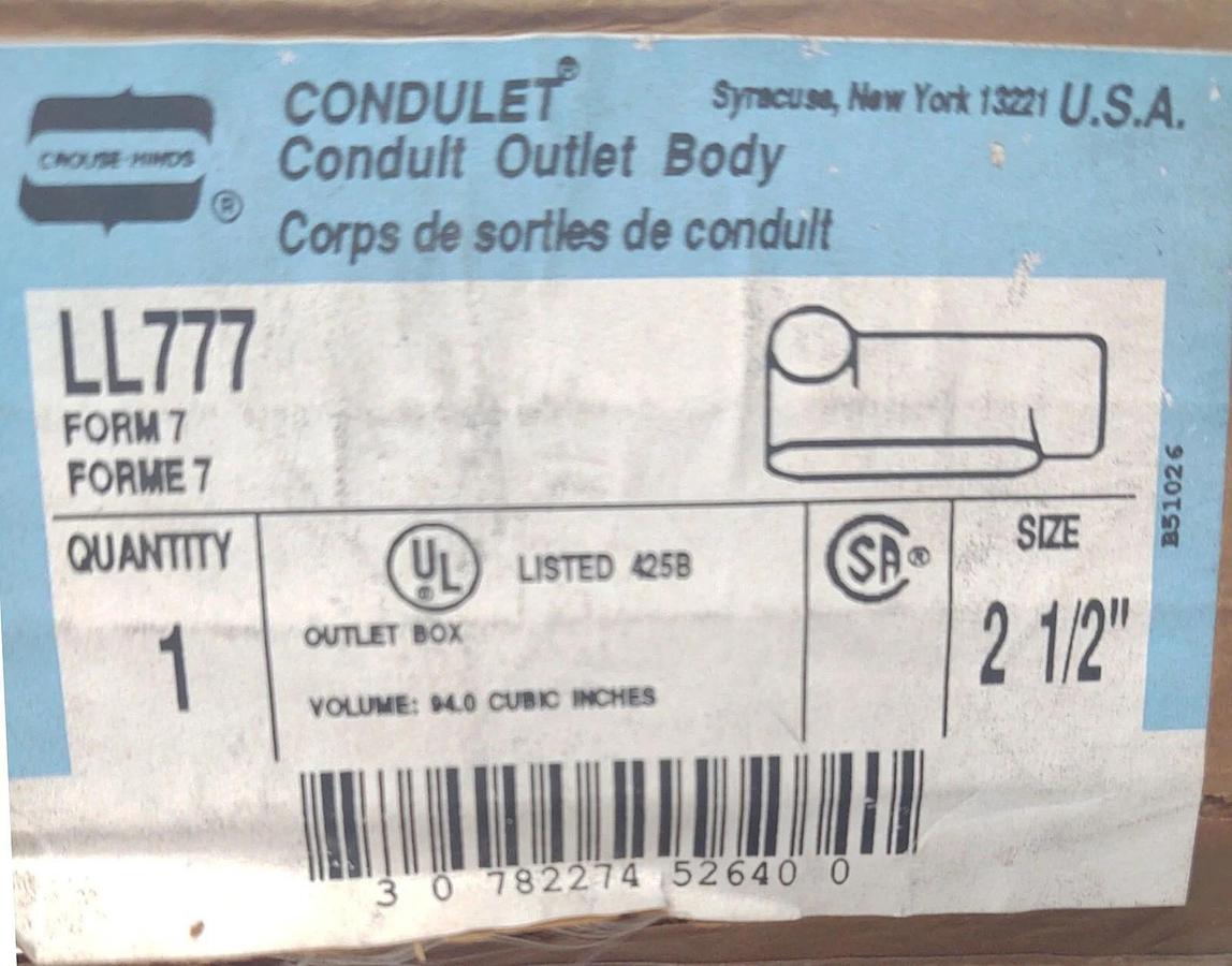 🔥 NEW OLD STOCK CROUSE HINDS  2-1/2" LL777 90° FORM 7 IRON CONDUIT LL