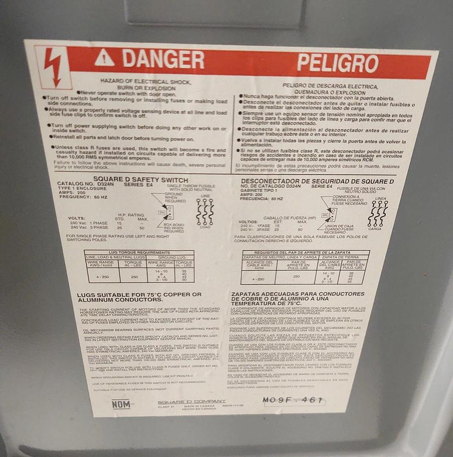 Used 🔥 SQUARE D D324N Series E, 200A 240V 60Hz General Duty Safety Switch