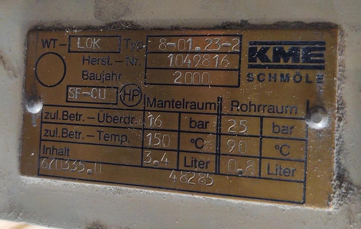 Used KME SCHMOLE WT-LOK 8-01.23-2 SHELL & TUBE HEAT EXCHANGER OIL COOLER ARBURG 320K