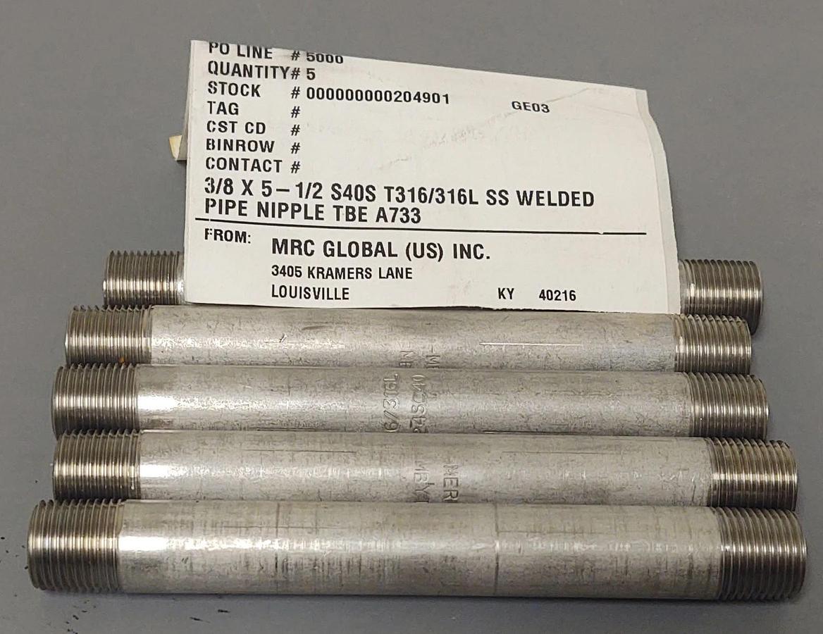 🔥(QTY 5) 3/8" X 5-1/2" 316L Stainless Steel NPT Threaded Pipe Nipple