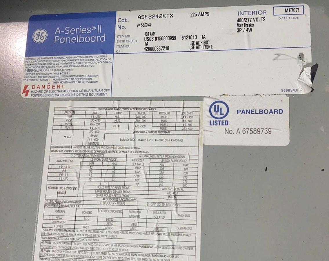 Used 🔥GE ASF3242KTX 225 Amp 480Y/277V 3 Phase 3R Outdoor Panelboard W/ BREAKERS