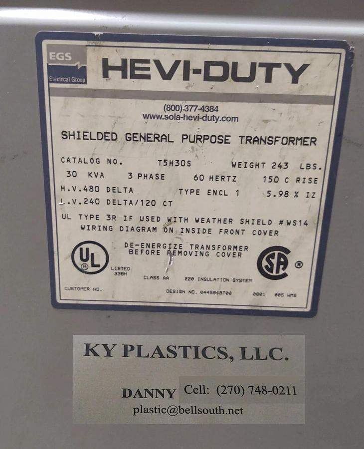 Used 🔥TESTED EGS Hevi-Duty Transformer T5H30S 3Ph 30KVA 480V 60Hz General Purpose