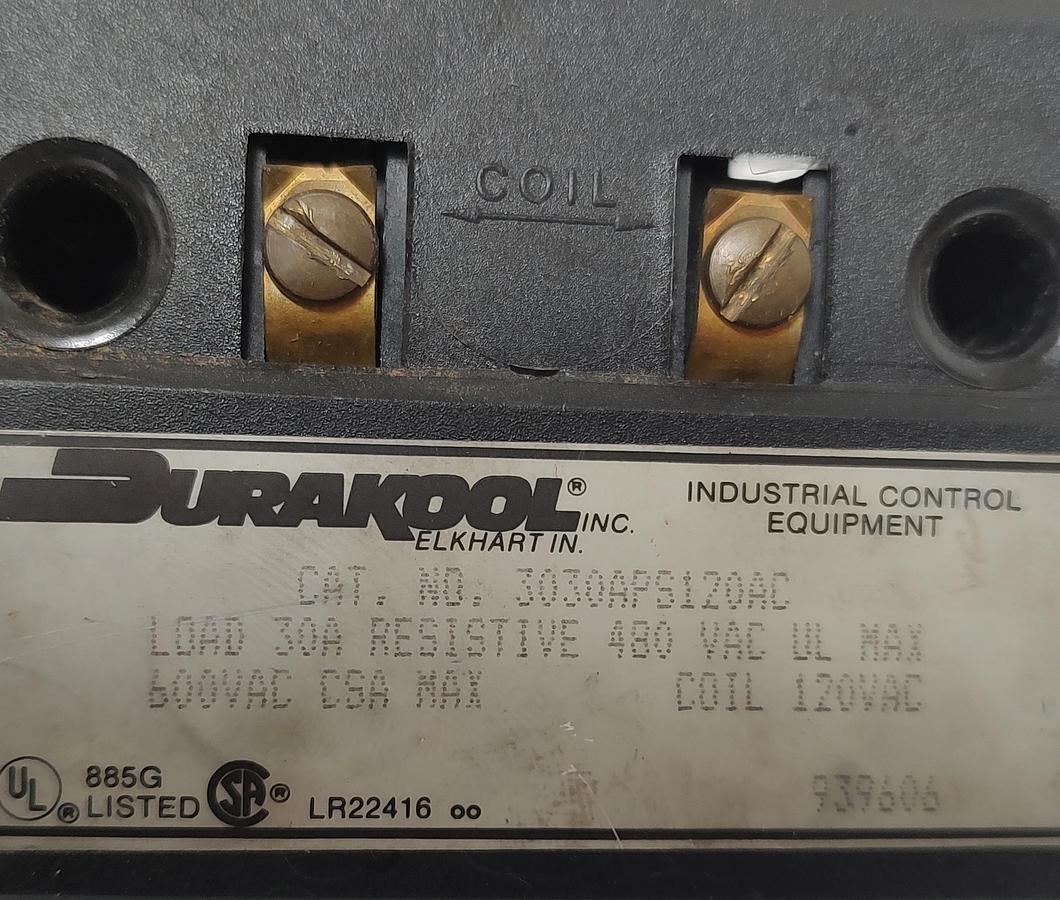 Used Durakool 3030APS120AC Displacement Contactor Relay Load 30A 120VAC Coil 480V Max