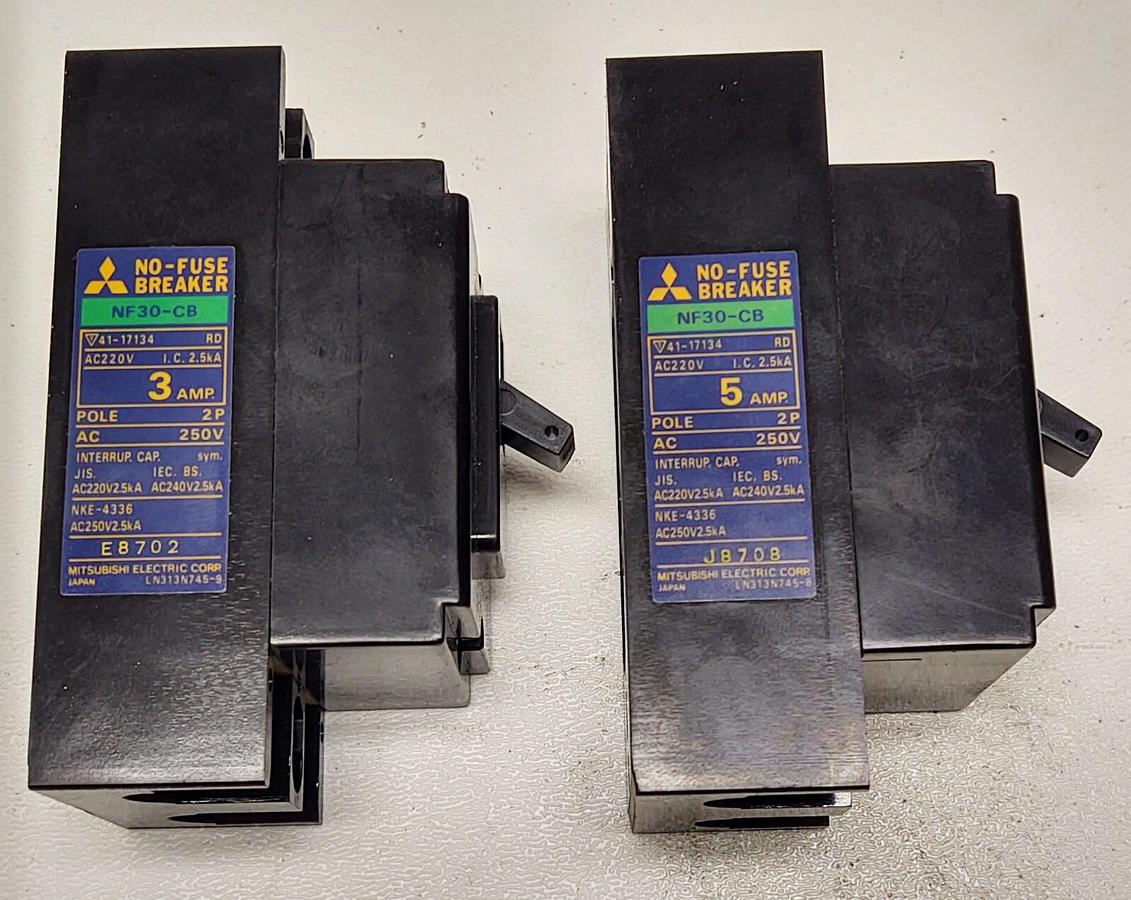 Used Mitsubishi NF30-CB No Fuse Circuit Breaker 3 AMP & 5 AMP / 2 Pole 250 VAC - LOT