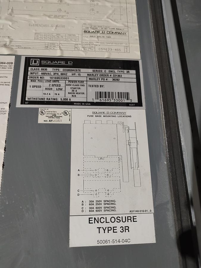 Used Square D Enclosure Type 3R 460VAC 3PH 15HP CEQ6594C07X Motor Starter