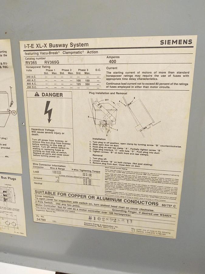 Used 🔥 RV365 SIEMENS I.T.E.  XL-X BUSS PLUG, 400 AMP, 600V ITE DISCONNECT BUSWAY