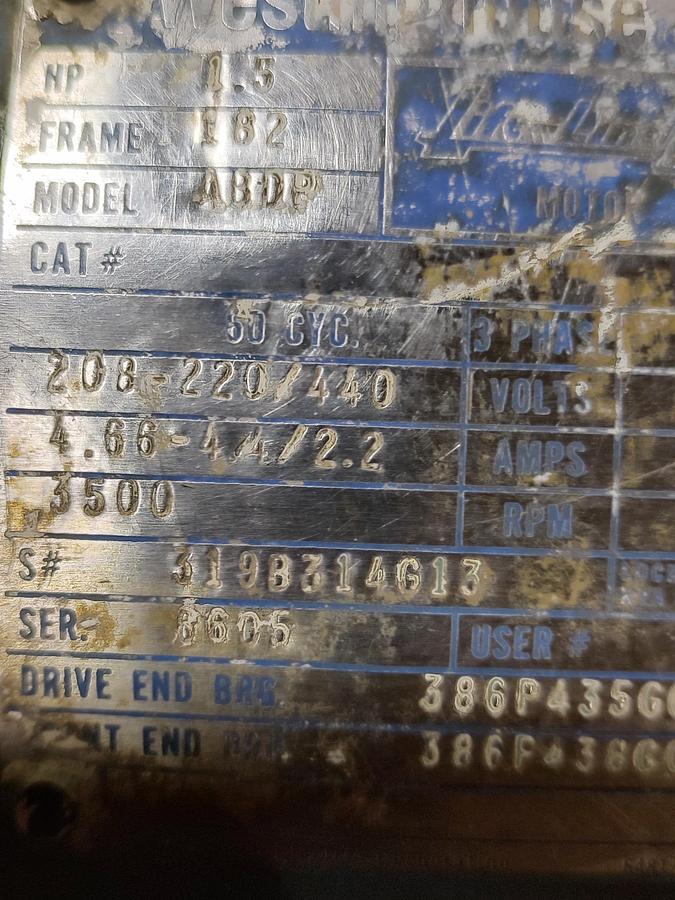 Used Westinghouse ABDP 1.5HP 3PH 182 Frame 3500 RPM 220/440 TESTED