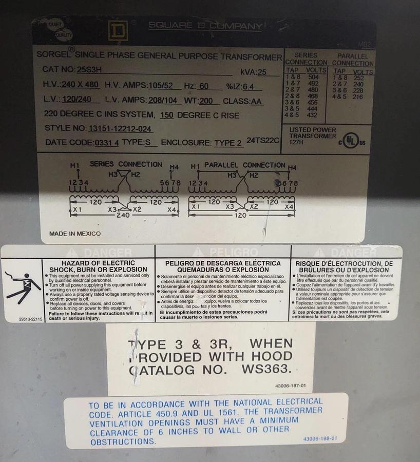 Used 🔥SQUARE D 25S3H 25 KVA H.V. 240/480 L.V. 120/240 SINGLE PHASE TRANSFORMER