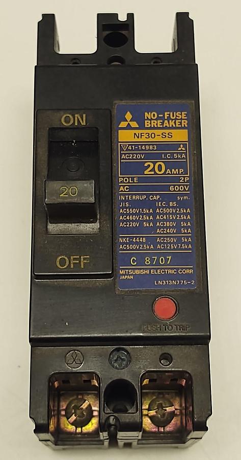 Used Mitsubishi 41-14983 Electric NF-30SS No-Fuse Breaker, 20A, 600V, 2 Pole C8707