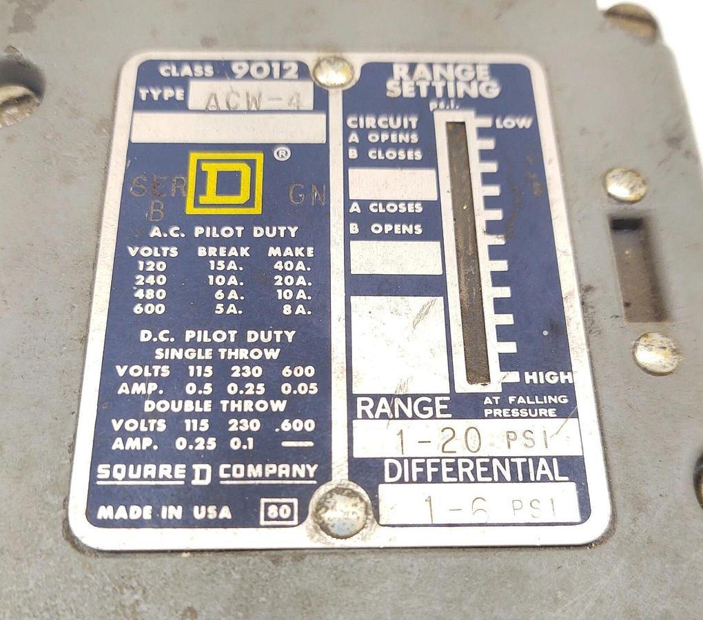 Used 🔥 SQUARE D Company 9012 ACW-4 Series B Industrial Pressure Air Switch 1-20 lbs