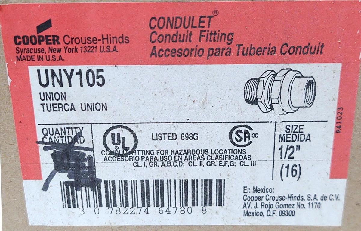 NEW (Box Of 20) EATON CROUSE HINDS UNY105 EXPLOSION PROOF 1/2” UNION