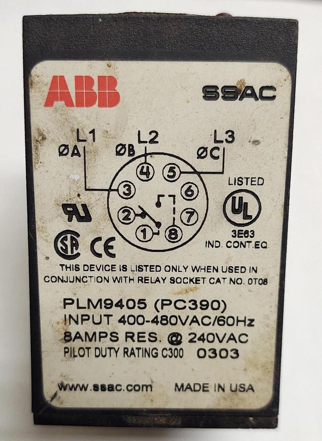 Used 🔥 USED ABB PLM9405 3-Phase Voltage Monitor, 400-480VAC 60Hz, 8-Pin. (PC390)