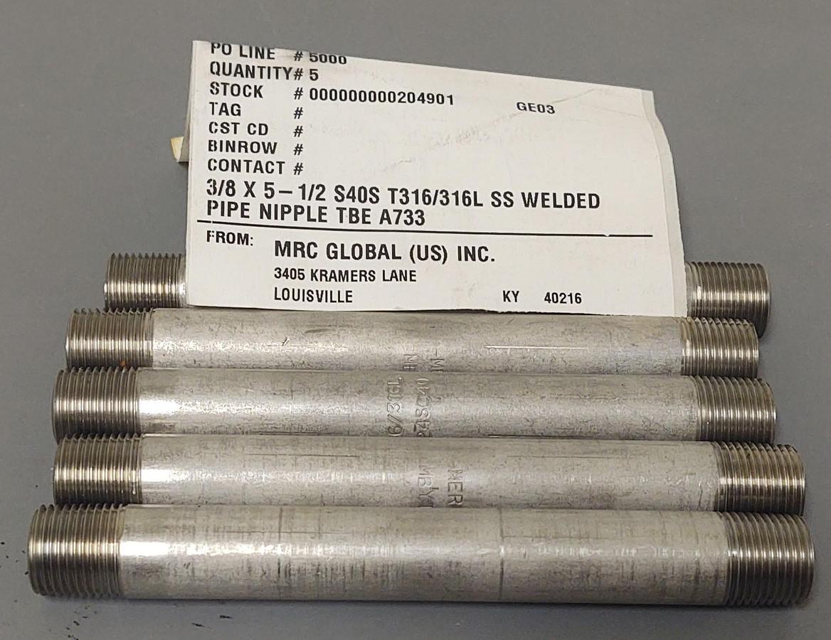 🔥(QTY 5) 3/8" X 5-1/2" 316L Stainless Steel NPT Threaded Pipe Nipple