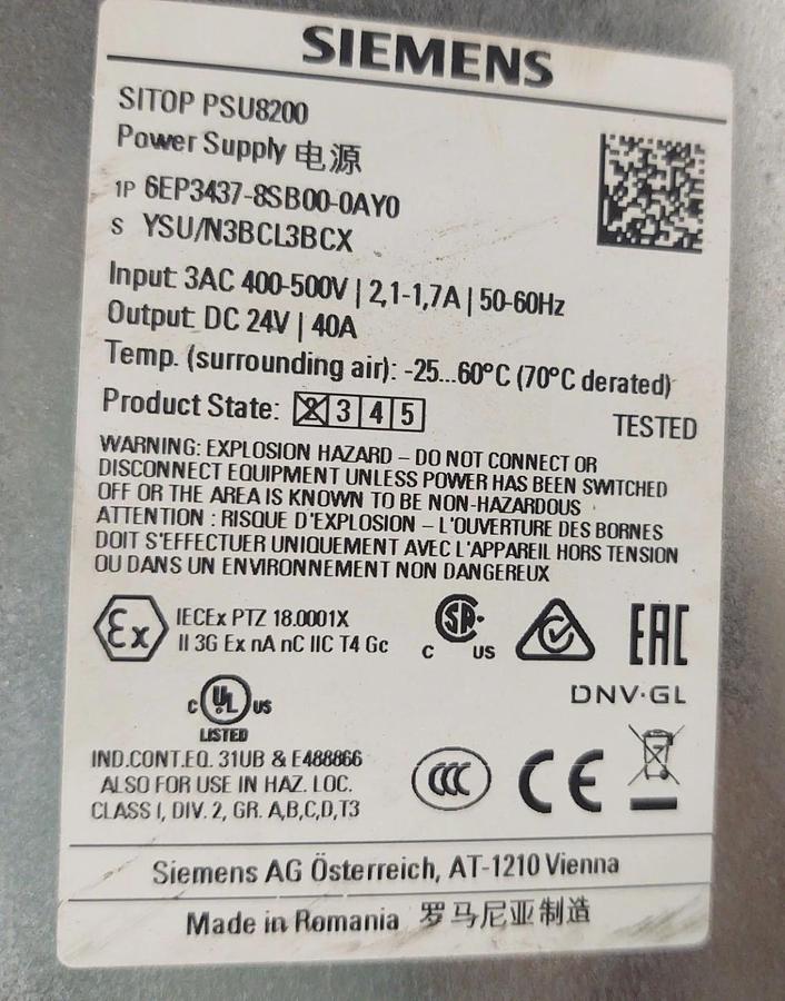 Used đŸ”¥Siemens 6EP3437-8SB00-0AY0 SITOP PSU8200 Power Supply DC24V/40A