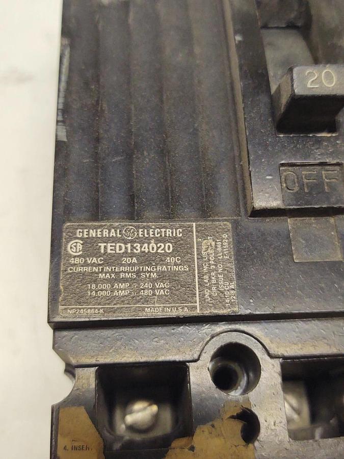 Used GE TED134020 - 20 AMP, 480 VAC, 3 POLE CIRCUIT BREAKER