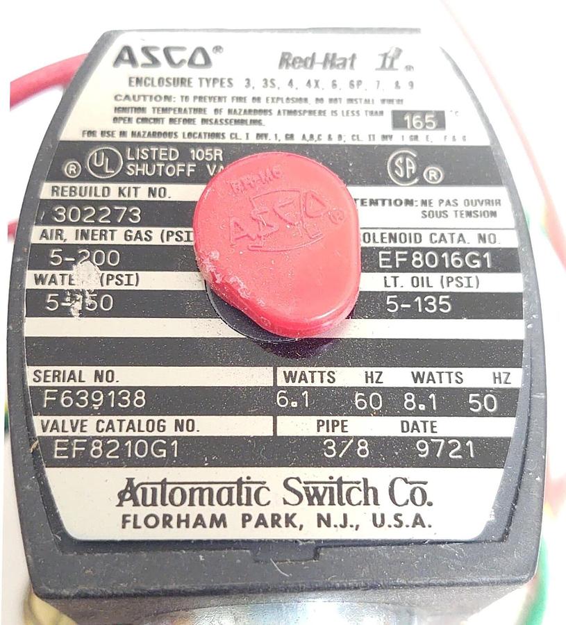 🔥 NEW ASCO RED-HAT EF8210G1 VALVE 5-135 PSI 3/8 NPT