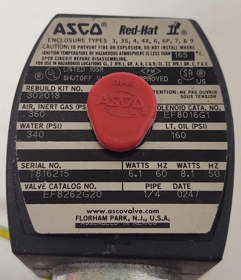 🔥 NEW ASCO EF8262G20 Red-Hat Solenoid Valve 120VAC 1/4in NPT 340 PSI Water