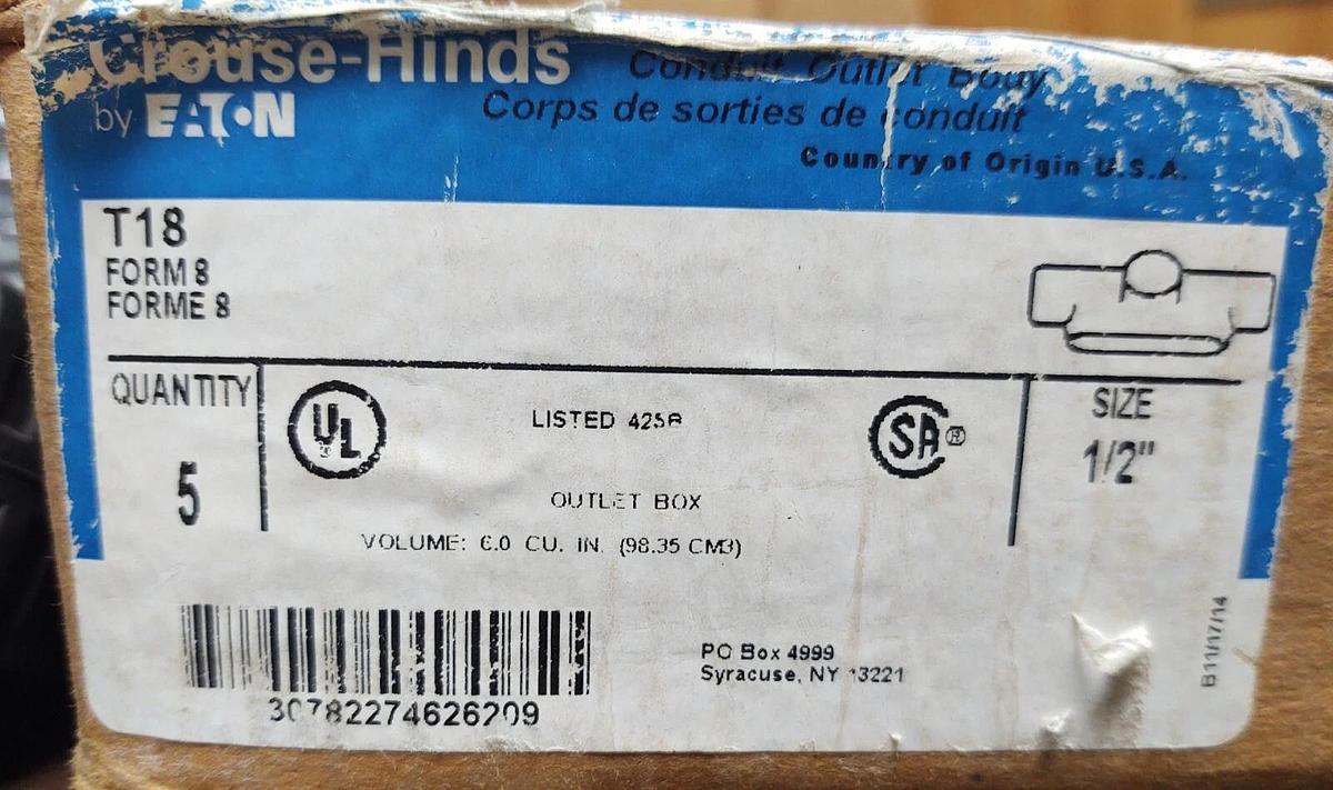 (5PCS) Crouse-Hinds T18, 1/2", Iron, Form 8, 3-Hub, T-Type, Rigid Conduit Body